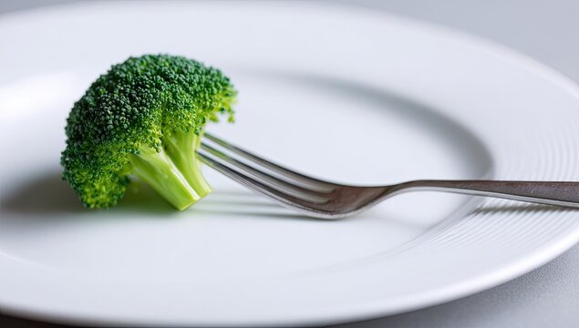 A single head of broccoli on a fork atop a white plate