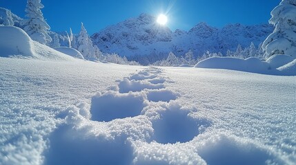 Footprints in Fresh Snow Leading Toward a Glowing Mountain Sunrise
