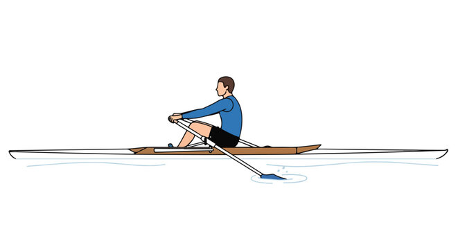 Isolated rower on a single scull, gliding through calm water during training session, side view of an athlete engaged in water sport
