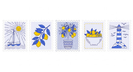 A charming set of postage stamps featuring nautical and citrus fruit illustrations in a simple blue and yellow line art style
