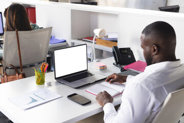 Diverse coworkers working at adjacent workstations in office with laptop and notebook, copy space