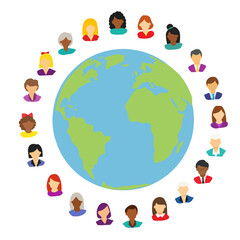 Diverse People Avatars Circling Earth Globe International Community Illustration