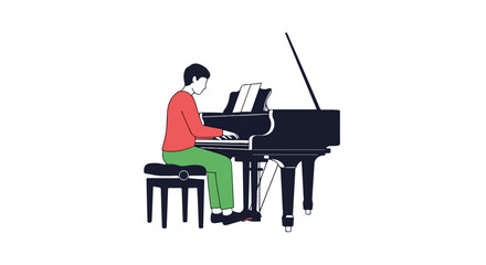Illustration of a pianist playing a grand piano, emphasizing the beauty of musical expression and classical performance atmosphere