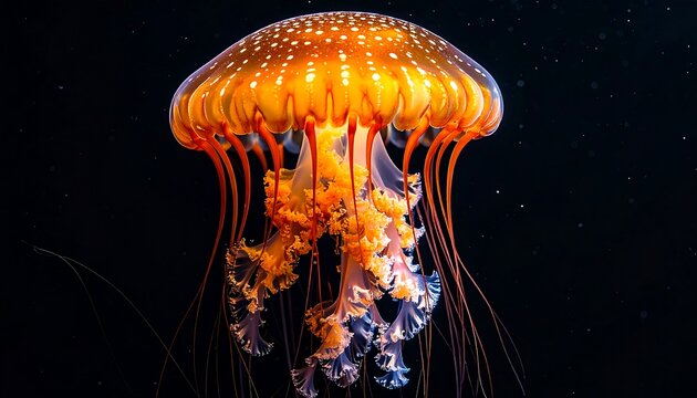 Vibrant orange jellyfish against a black backdrop