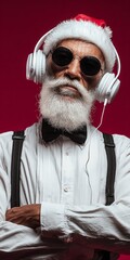 A stylish elderly man in a Santa hat, sunglasses, and headphones embodies a festive and modern holiday spirit.