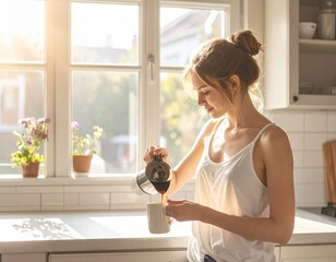 A candid morning scene: a young woman pouring coffee by a sunlit kitchen window, casually dressed, soft natural light, shallow depth of field