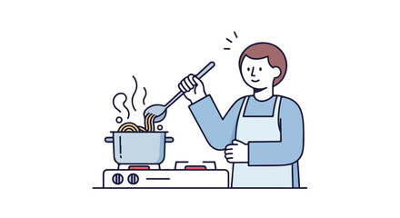 Person cooking pasta on stove with apron, illustration culinary preparation, culinary enthusiasm and skill, happy and content while cooking 150