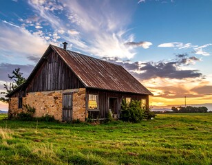 Obraz premium Rustic farmhouse at sunset