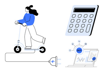 Woman on electric scooter, calculator, DeFi system on laptop, and charging cable. Ideal for technology, finance, eco-transport, innovation crypto sustainability mobility. A simple flat metaphor