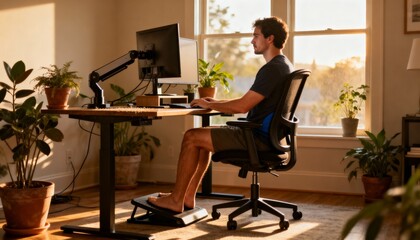 Young man adjusting ergonomic desk height at home office with natural light, concept of healthy remote work and productivity balance