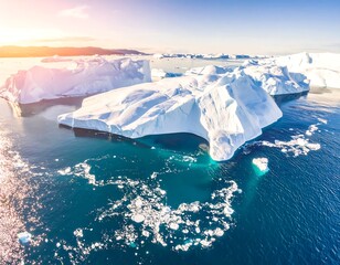 Aerial view of massive icebergs in a glacial fjord. Sunlight illuminates the white ice against a deep blue ocean