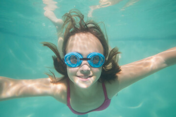 Naklejka premium Female child swimming underwater in swimming pool wearing blue goggles and pink swimsuit top