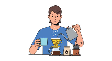 Man crafting pour-over coffee with precision, aroma and dedication for a daily ritual experience, showcasing a moment of domestic tranquility