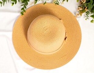 Beige straw sun hat top view