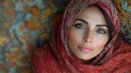 Woman in Patterned Hijab Surrounded by Natural Colors and Fruits