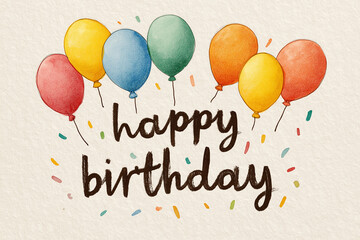 A hand-drawn watercolor illustration of six colorful balloons above the words "HAPPY BIRTHDAY" in black script. Symbolizes joy, celebration, milestones, and a lighthearted festive spirit.

