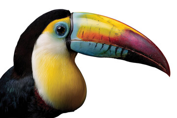Obraz premium Close-up of a vibrant toucan's head and beak, showcasing its colorful plumage. background removed