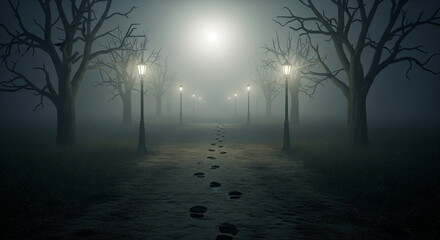 Eerie footprints lead through foggy park illuminated by vintage lamps, perfect for mystery book covers or atmospheric thriller designs