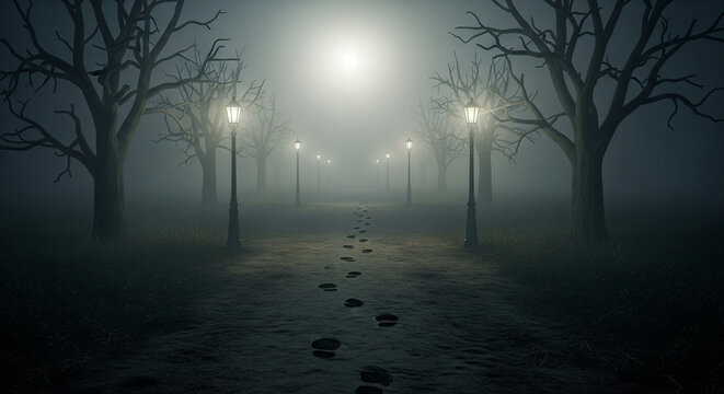 Eerie footprints lead through foggy park illuminated by vintage lamps, perfect for mystery book covers or atmospheric thriller designs
