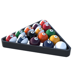 A classic poolball rack, ready for use, on a transparent background.