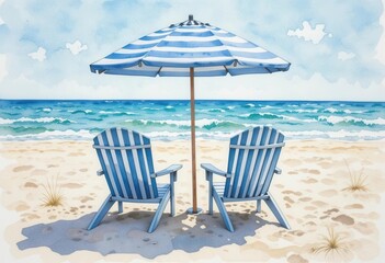 Obraz premium A Classic Beach Scene Rendered in a Fluid and Expressive Watercolour Technique