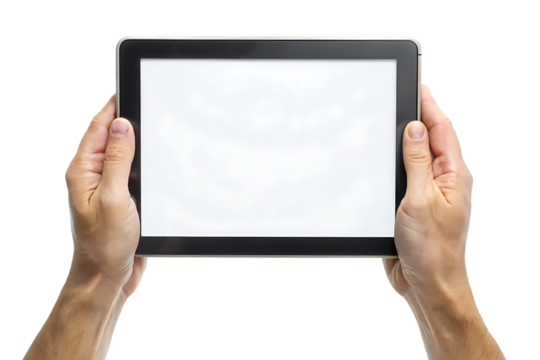 Person Holding Tablet Computer with Blank White Screen cutout PNG isolated on a transparent background