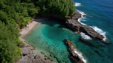 Aerial View of Azure Sinkhole Surrounded by Lush Greenery and Rocky Cliffs Basking in Sun Light