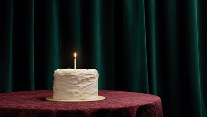 Single white cake with lit candle on burgundy tablecloth, backdrop of emerald green velvet drapes