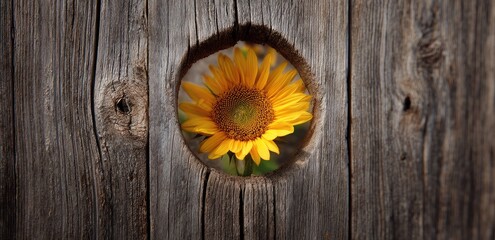 Fototapeta premium Sunflower framed by weathered wooden planks