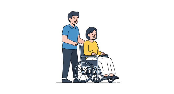 Illustrative scene of a caregiver assisting a woman in a wheelchair, conveying support and accessibility showcasing companionship and aid promoting