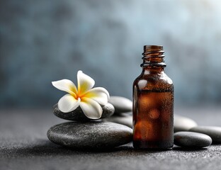Spa stones, flower, and brown bottle
