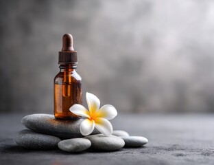 Amber bottle of liquid on grey stones with a flower