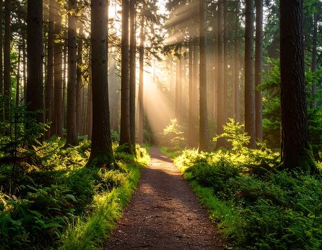 Sunbeams through a misty forest path - Powered by Adobe