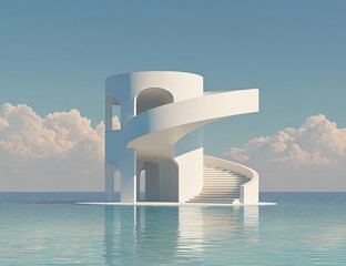 Minimalist white architectural structure on a tranquil body of water