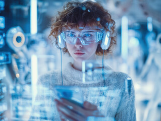 Innovative woman with curly hair wearing glasses and headphones interacting with a smartphone in a high-tech, futuristic environment filled with glowing screens and technology.