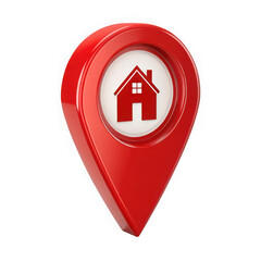 A red location pin with a house icon inside, isolated on transparent background, indicating a destination