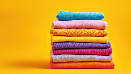 Colorful stack of folded clothes against a bright yellow background
