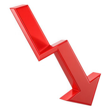 Red arrow pointing downwards, signifying decline and loss, isolated on transparent background
