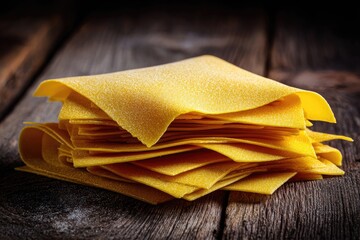 Stack of pasta sheets on a rustic wooden surface