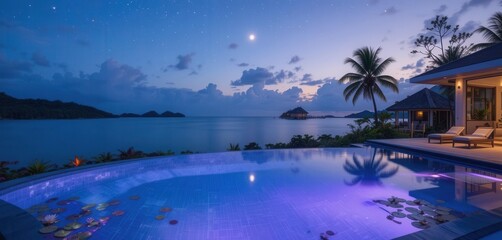 Deep Blues   Purples, Minimalist Design, Coastal Location, Ambient Lighting, Water Lilies   Tranquil Atmosphere