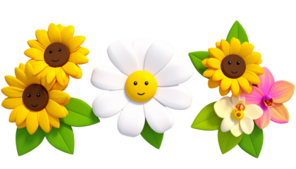  Three decorative felt flowers with happy faces on a white background.