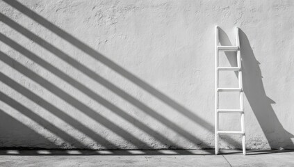 White ladder against a light-gray wall, with dramatic shadows