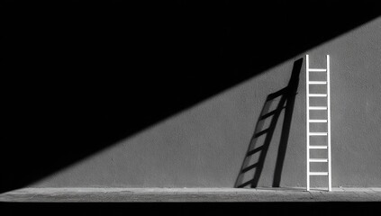 A grayscale image of a small white ladder and its shadow