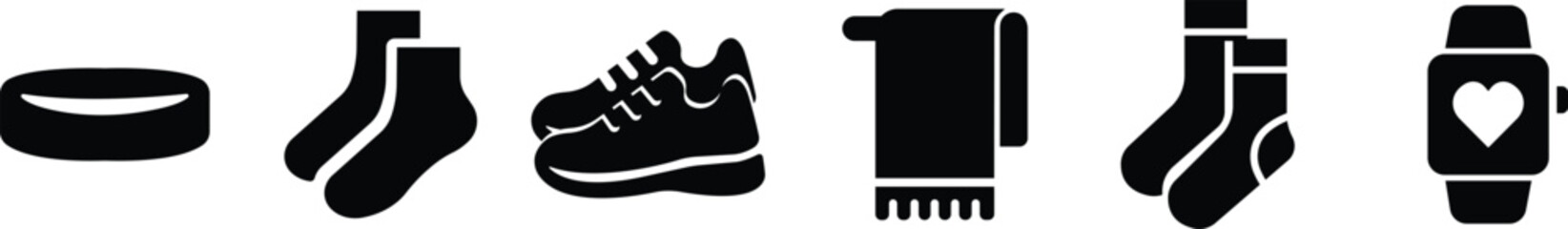 Fitness and Gym Icon Set Black Flat Style Workout Symbol Collection Group of Exercise, Training, Sport, Bodybuilding, Dumbbell, Weightlifting, Strength, Health, Wellness Vector