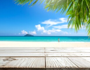 Fototapeta premium Tropical beach scene with wooden table