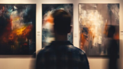 Person admiring modern art paintings in a gallery exhibition display