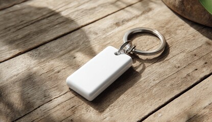 Blank rectangular keychain on weathered wood