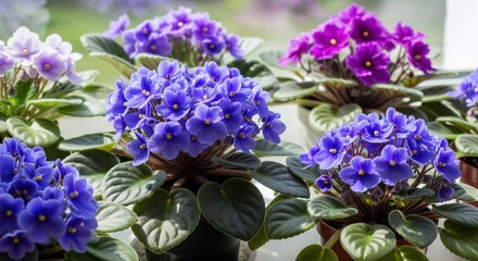 Fototapeta premium Vibrant violets in various shades of purple and blue, displayed in small pots, arranged along a windowsill. Close-up view of the blossoms and foliage