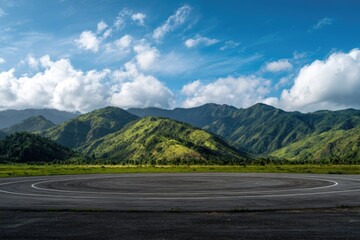 Empty tarmac framed by mountains