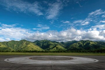 A wide-open landing pad with mountains in the background